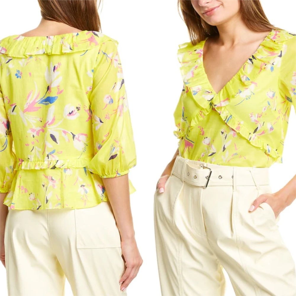 TANYA TAYLOR Lourdes Floral-Print V-Neck Half-Sleeve Ruffle Top
